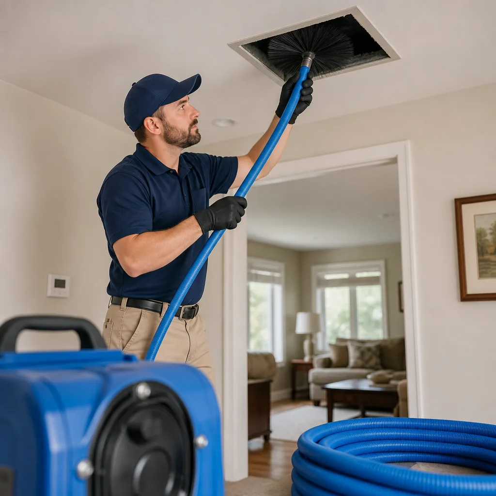 Technician using a rotating brush tool for residential air duct cleaning in Denver, CO
