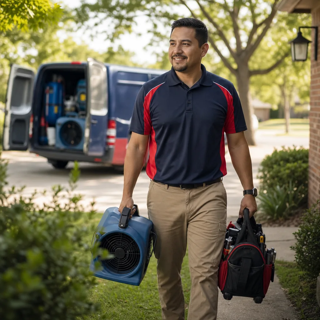 Damage restoration professional walking to a service call with restoration equipment in Denver, CO