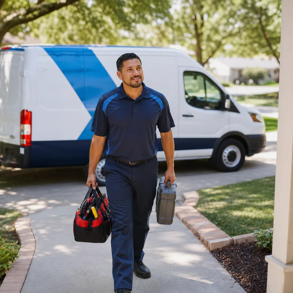 Professional damage restoration technician walking with tools toward a home in Denver, CO