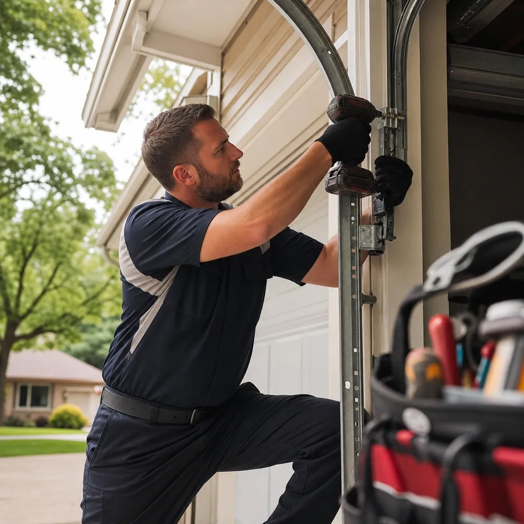 Professional technician repairing a garage door track with a power tool