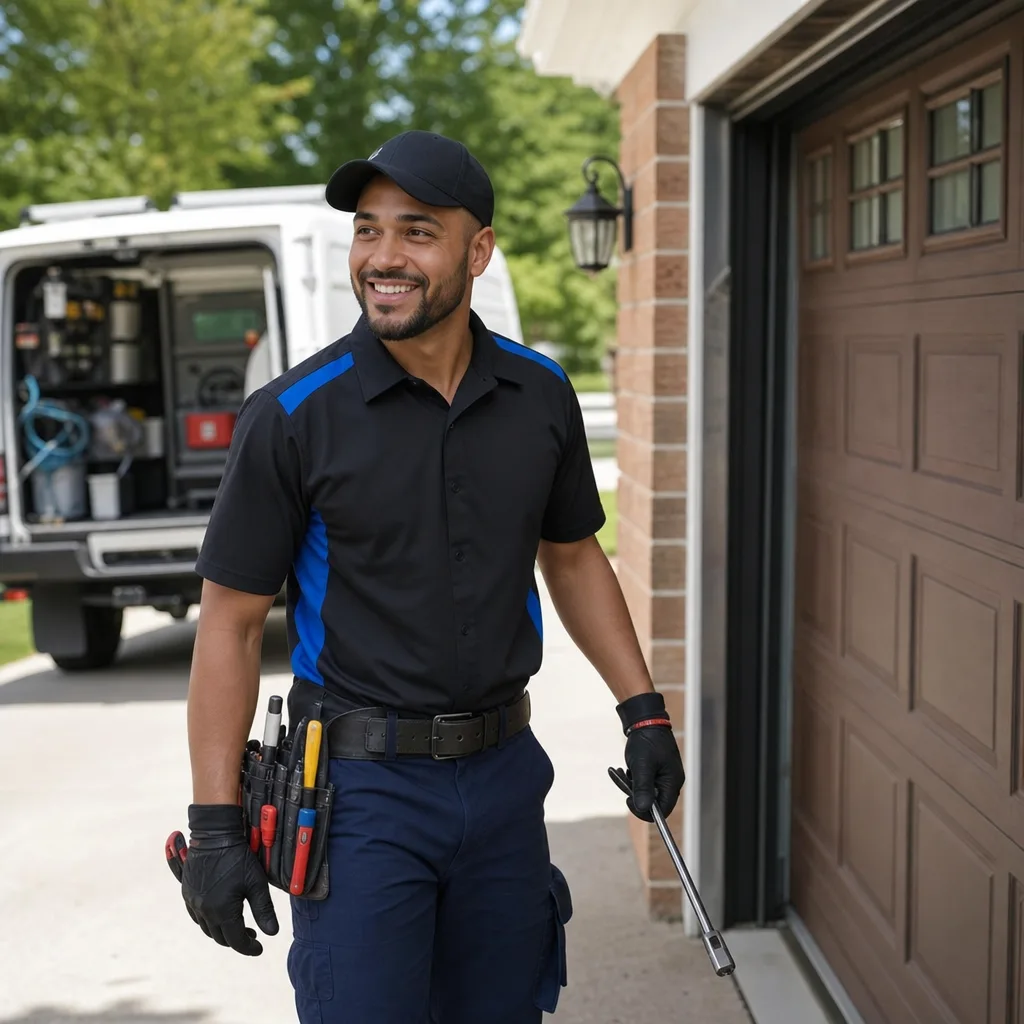 Professional garage door technician holding tools standing near a residential garage