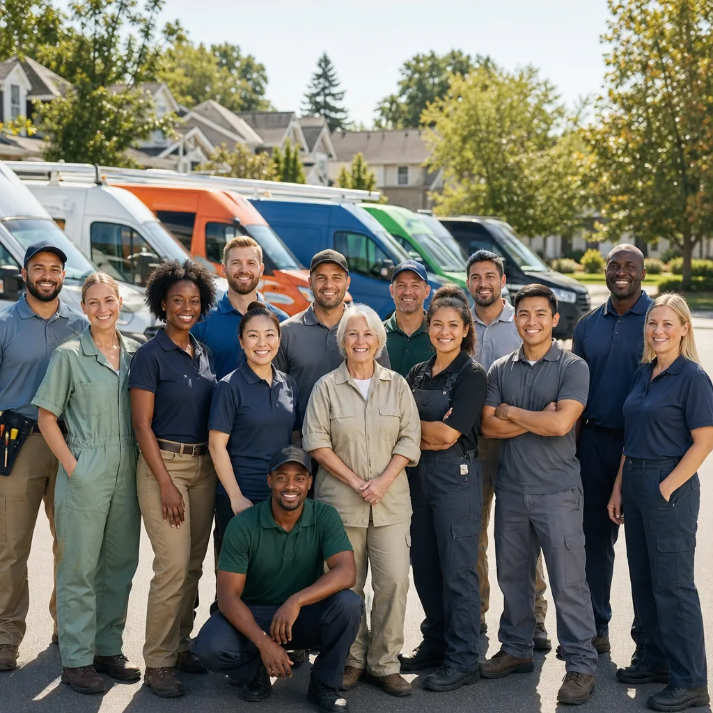 Diverse team of professional garage door technicians standing before company vans.