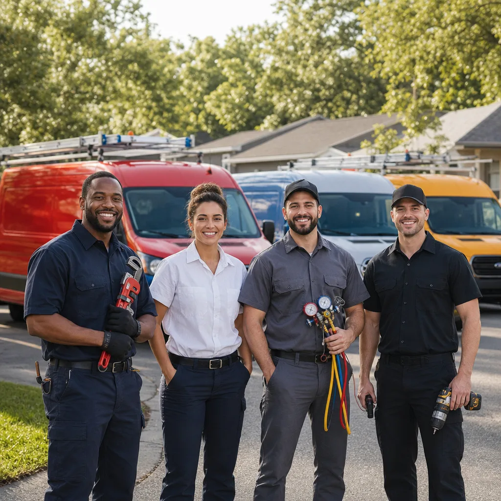 Professional team of garage door and gate repair technicians with service vans