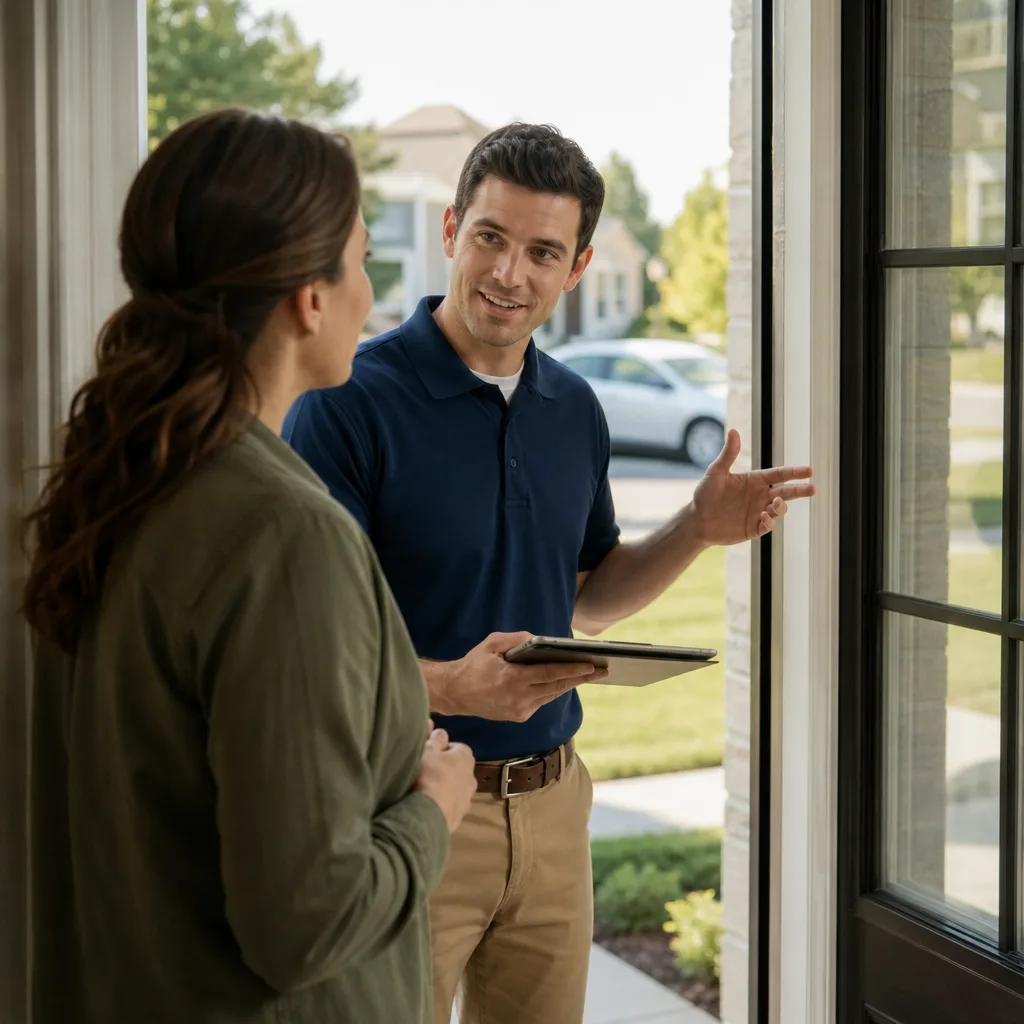Professional discussing residential garage door services at a customer home in Denver, CO