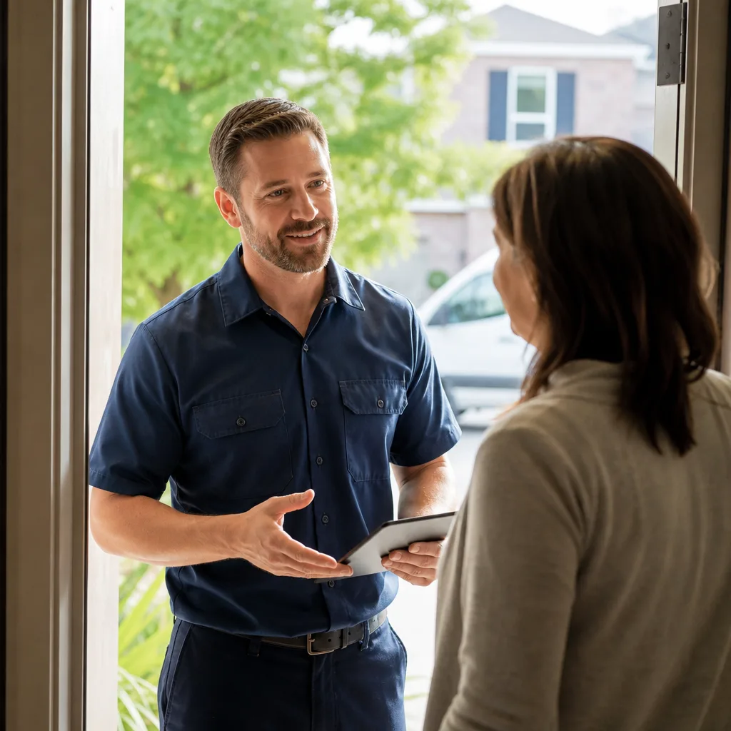 Professional garage door technician discussing service options with a homeowner in Denver, CO